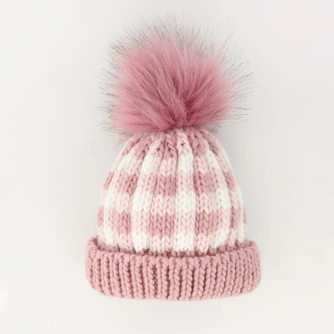 Huggalugs - Rosy Pink Buffalo Check Pom Pom Beanie