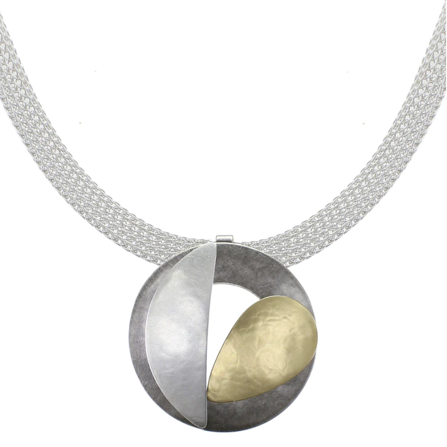 Marjorie Baer - Cutout Disc and Leaves on Wide Mesh Chain Necklace